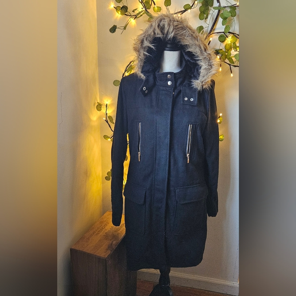 Yoki Outerwear Collection blackparka coat size xl faux fur lined hood front big